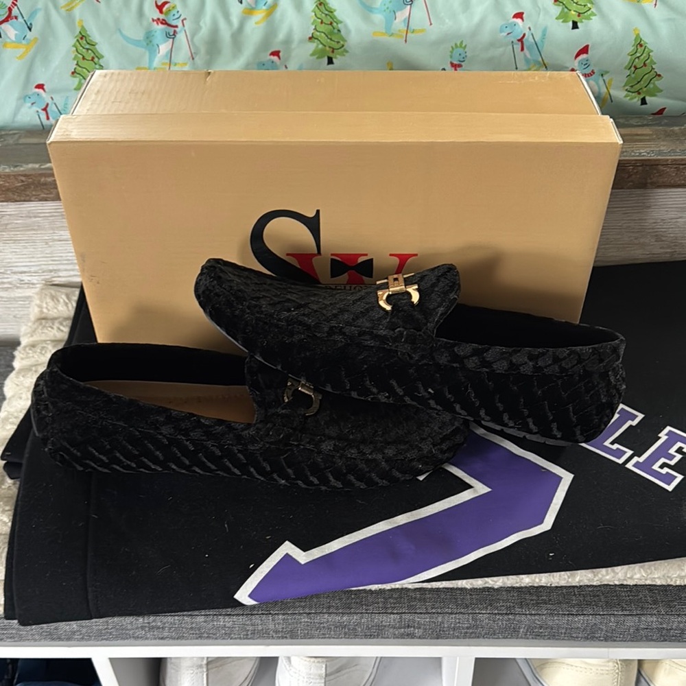 Black Velvet Loafers with Gold Buckle